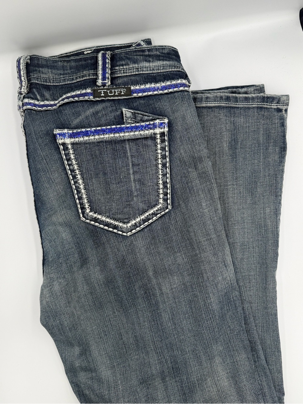 Cowgirl Tuff Women's Grey Denim Flare Jeans with Blue Trim